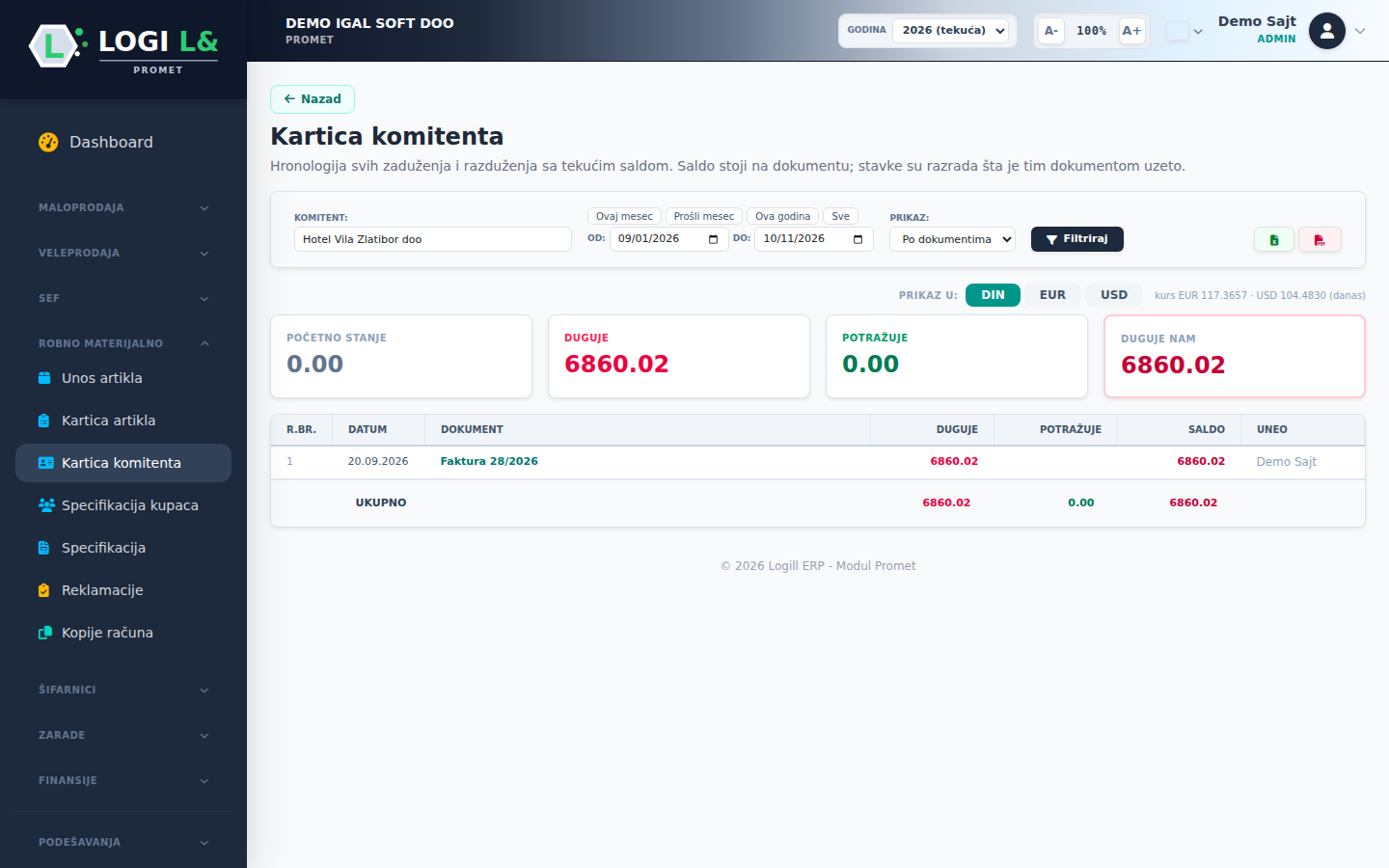 Tekući računi i kartice komitenata — ekran 1