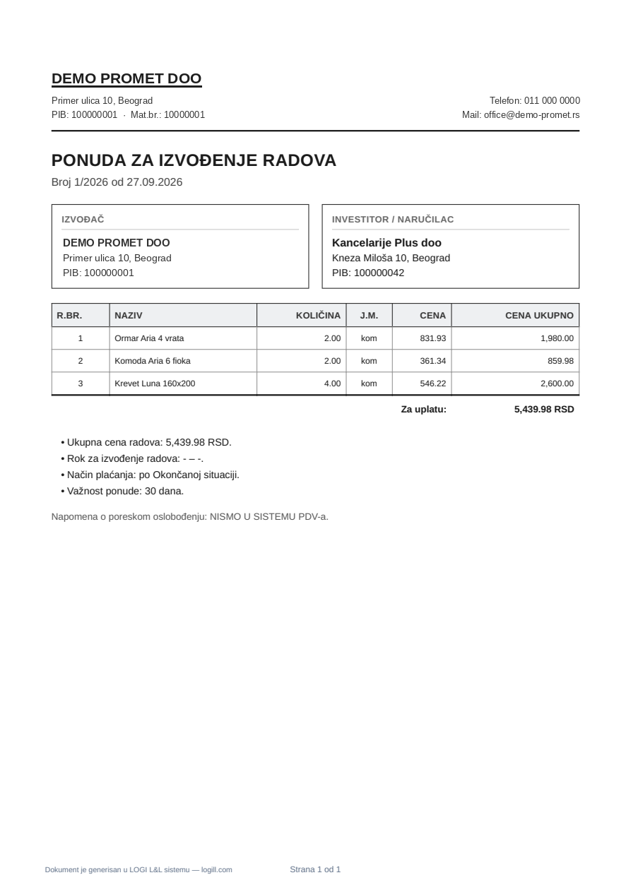 Ugovori, računi i situacije za građevinu — ekran 2