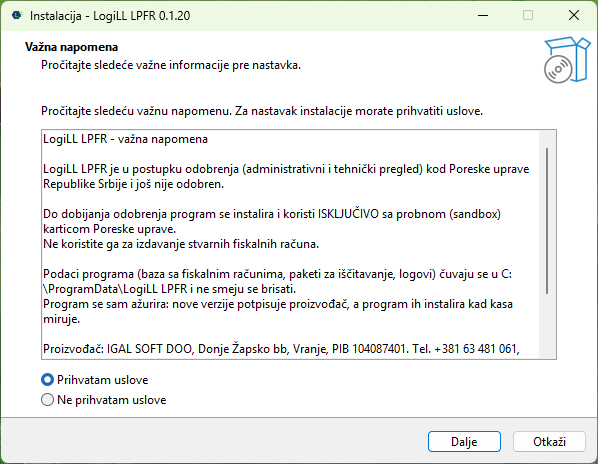 Čarobnjak za instalaciju