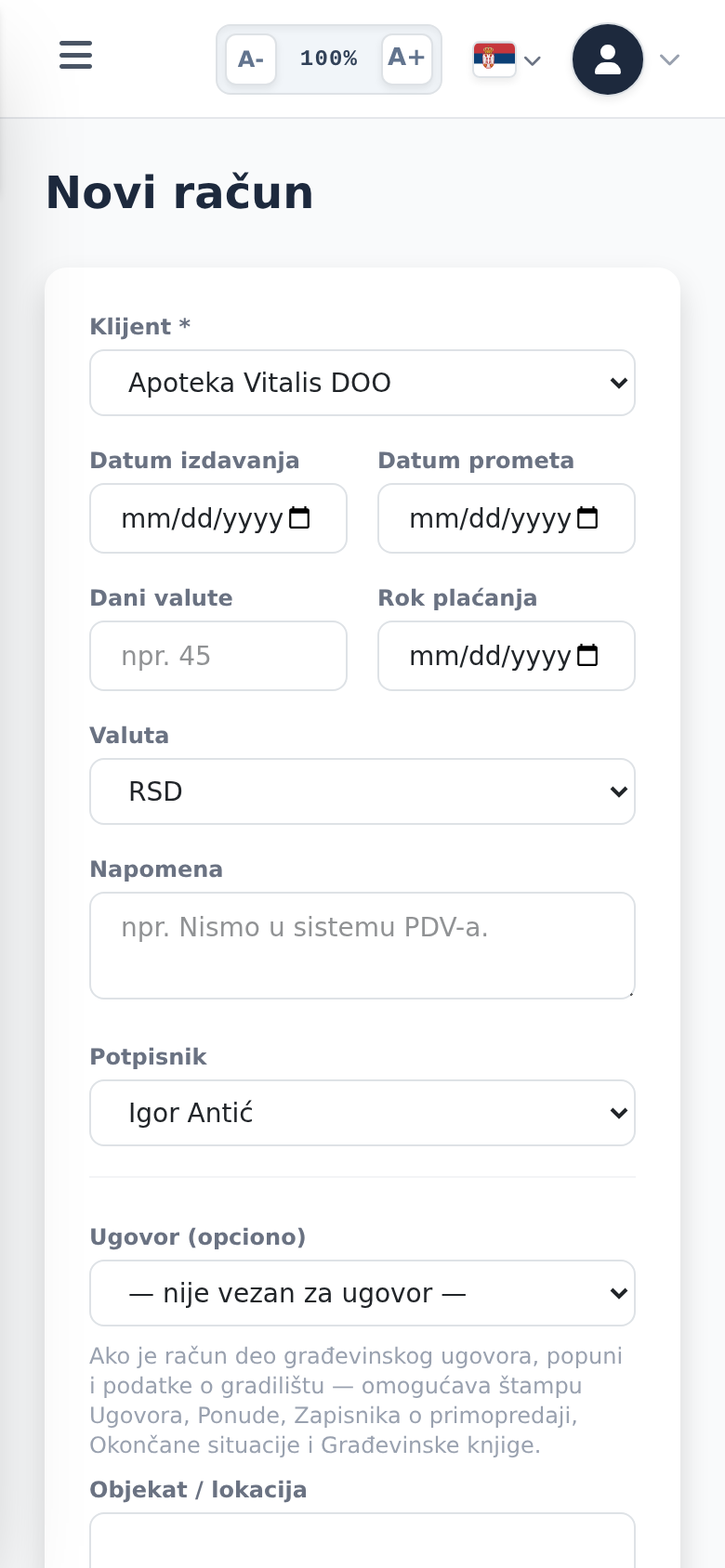 Izdavanje računa na mobilnom telefonu